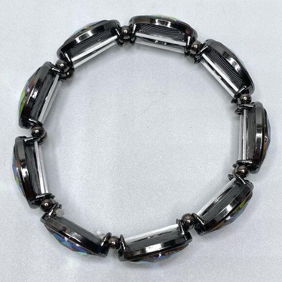 Gun Metal Black AB Glass Oval Cut Stretch Bracelet Gothic Statement 6.5" - Picture 5 of 6